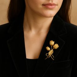 Vintage 1950s Gold-Tone Tulip Spray Brooch Textured Bouquet, 2x2.5”