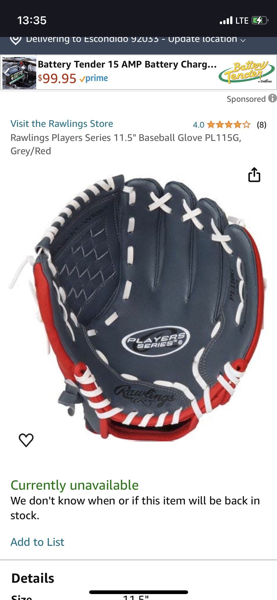 Rawlings Players Series 11.5" Baseball Glove PL115G, Grey/Red