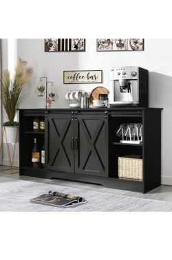 Gabinete de café-bar de granja, gabinete de almacenamiento de cocina grande de 59" con puertas corredizas de granero, gabinete de aparador con armario