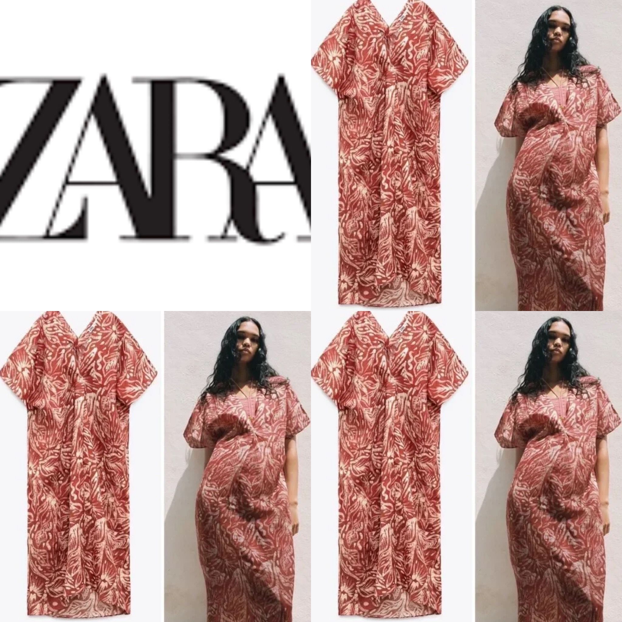 ZARA NWT Zara 100% Ramie oversized Bohemian printed tunic midi KAFTAN dress S