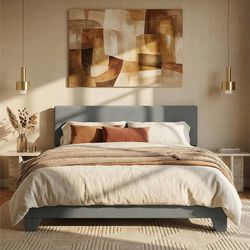 Queen Size Platform Bed Frame with Clean Line Fabric & Adjustable Headboard, Wood Slats Support, No Box Spring Needed, Easy Assembly, Dark Grey