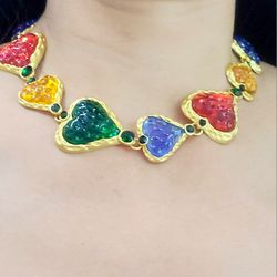 18k Retro vintage gold style multicolored heart statement women's necklace Gift