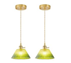 2 Pack Vintage 1-Light Adjustable Gold Pendant Light Fixtures with Gradient Green Glass Shade