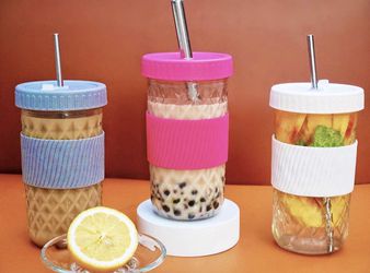 Bubble Tea Cups 4 Pack 24 Oz, Reusable Wide Mason Mouth Smoothie Cups, Iced  Coffee Cups