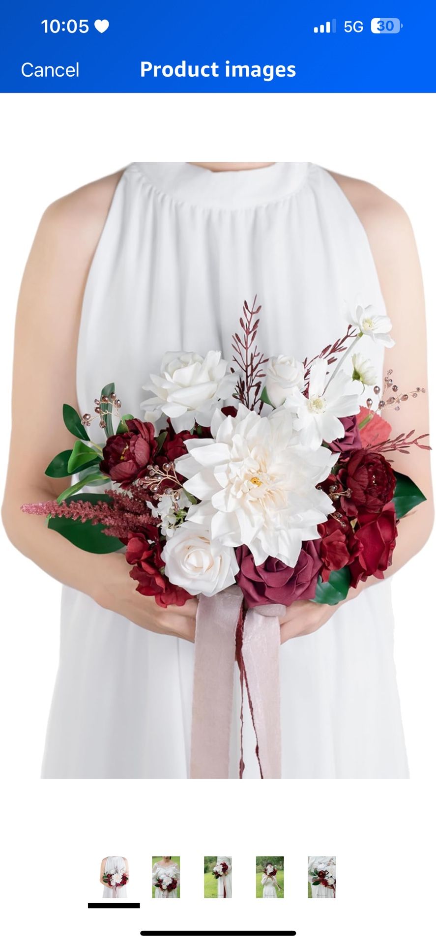 10 Inch Burgundy&White Bridal Bouquet,Bride Bouquets for Wedding Ceremony Anniversary, Party and French Rustic Vintage Wedding,Gothic Wedding,Artifici