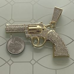 Pistol Gun Gold Plated Pendant With Clear Rhinestones 2.75