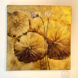 Abstract Golden Lotus Leaves Wall Art on Canvas 31x31”