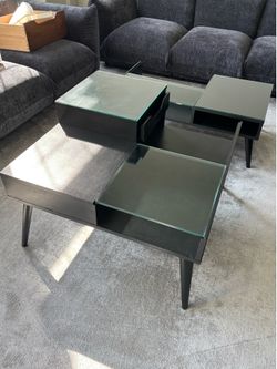 MODERN ART DECO BLACK GLASS COFFEE TABLE SET