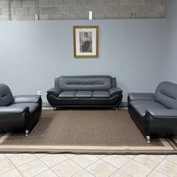 Modern 3-Piece Leather Sofa Set – Gray & Black – Free Curbside Delivery
