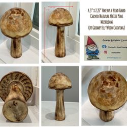 4.5” x 2.25” One of a Kind Hand Carved Natural White Pine Mushroom (by Grumpy Elf Wood Carving)