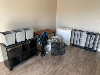 Free TV stands, dresser, bed frame, desk, fans, chair, trash cans