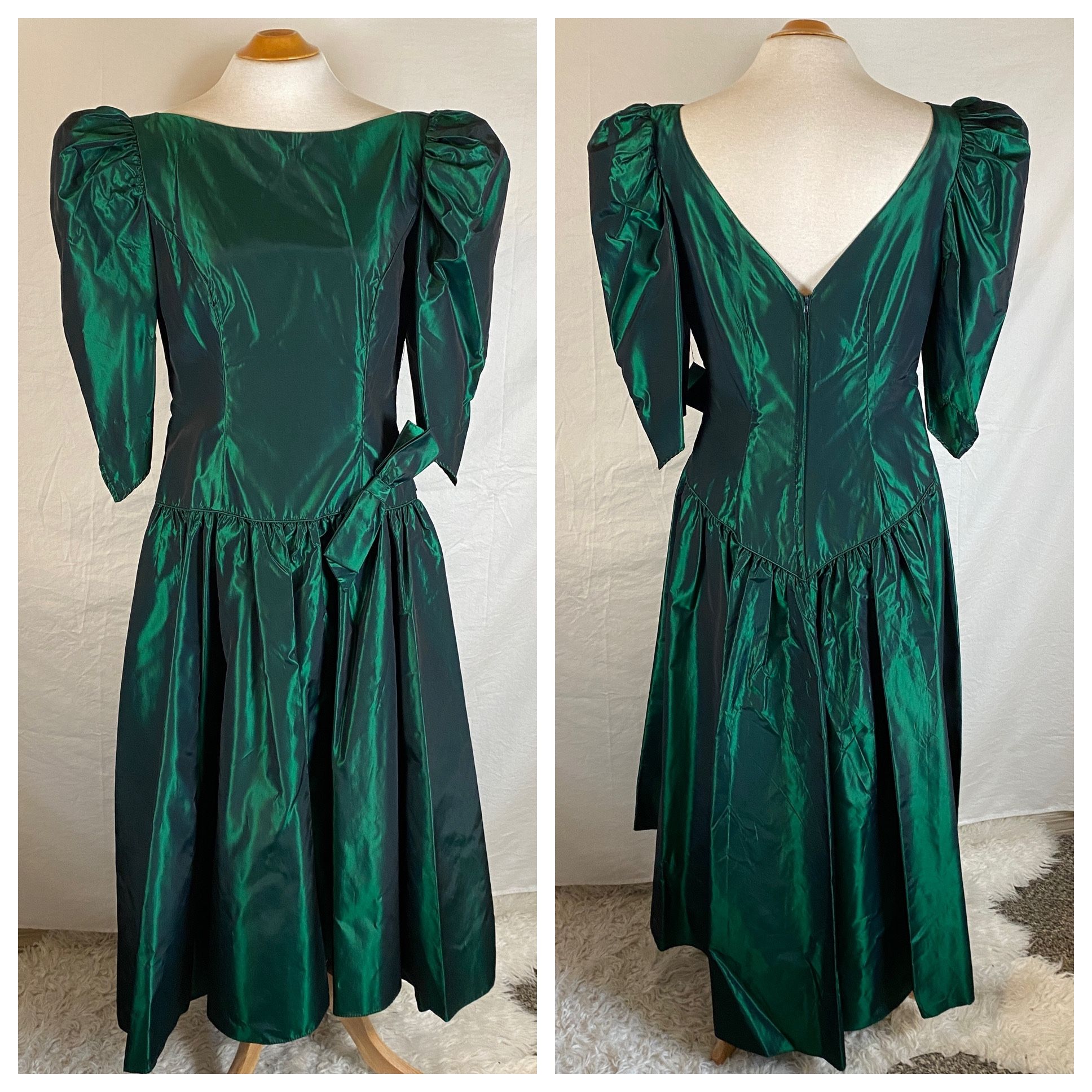 Vintage 80s Dance Allure Green Taffeta Prom Party Dress Puff Sleeve Union USA 14