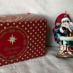 Rare Christopher Radko Christmas Ornament Santa Holding Surf Board with Cool Sunglasses 