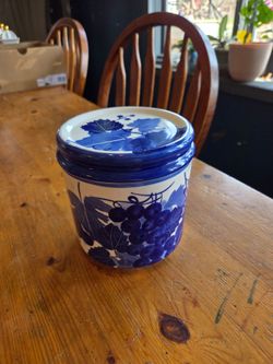 Hand painted blue and white canister with lid