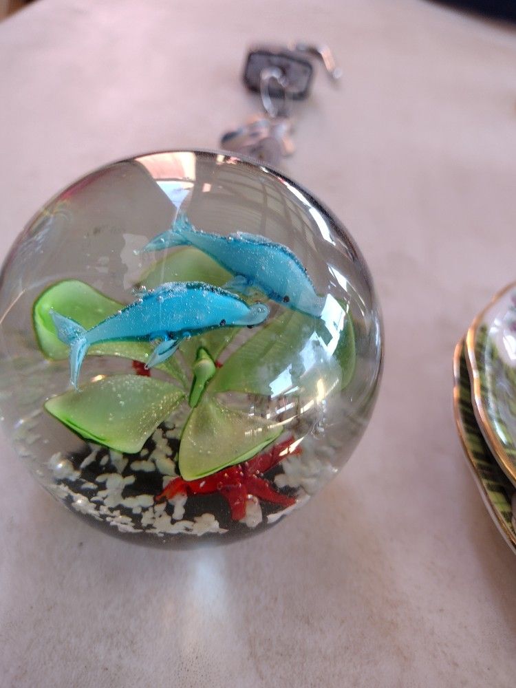 Murano Style glass aquarium paperweight vintage blue opaline venetian glass