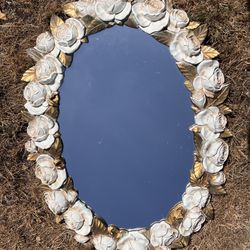 Vintage SYROCO 1973 Gold and Ivory Rose Oval Mirror Mid-Century Hollywood Regency Style