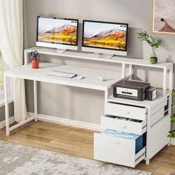 Halseey 63 in. Retangular Vintage White Wood 3-Drawer Computer Desk with Monitor Stand