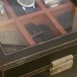 Men's Watch Organizer. Stores 6 watches. Display window makes it fast to find the watch you want + looks great! (Leather,wood,brass)