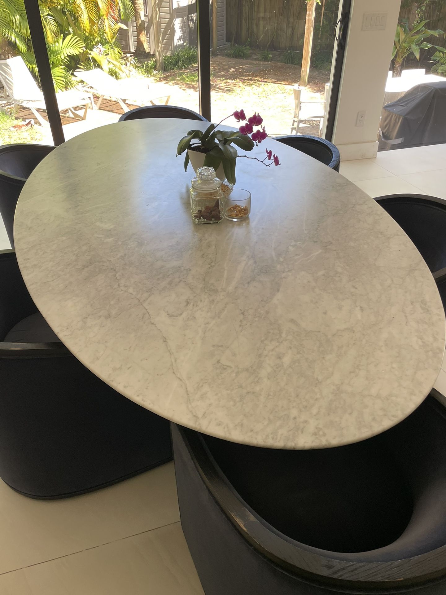 Restoration Hardware Oval Dining Table With Carrera Marble Top And Tulip Base