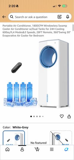 New in box Portable Air Conditioner, 1800CFM Windowless Swamp Cooler Air Conditioner w/Dual Tanks for 24H Cooling 600sq.ft,4 Modes&3 Speeds, 28FT Remo