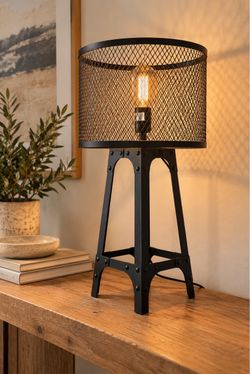 Industrial Riveted Table Lamp – Black Metal Mesh Cage – Edison Style