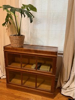 Vintage Macey solid oak bookcase cabinet with sliding glass doors