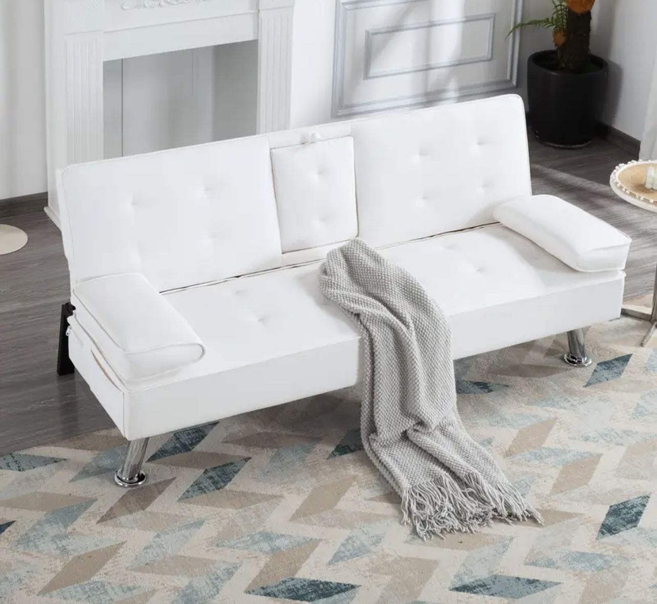 Brand New 67” PU Leather Sofa Bed with 3 adjustable positions and 2 cup holders- Black and White