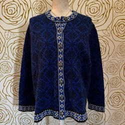 Vintage L.L. Bean blue and black Nordic Fair Isle wool cardigan