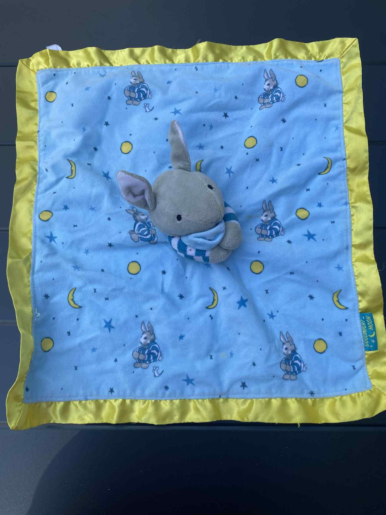GOOD NIGHT MOON Bunny Lovey Kids Preferred Blue Plush Blanket Yellow Satin