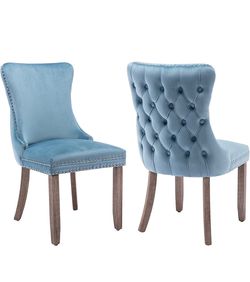 Modern Tufted Upholstered Dining Chairs with Full Back Set of 2, Light Blue Velvet Dining Room Chair with Solid Wood Legs, Sillas de Comedor, Kitchen 