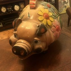 This is a very fine swine; Very Large 1960s-1970s Plaster Made in Mexico Piggy Bank with Stopper: