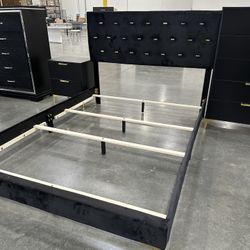 Queen, King, Cali King Velvet Fabric Bed With Gold Accents 