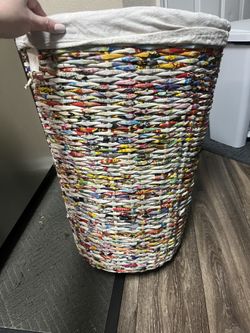 Vintage Paper Weaved Hamper/basket With Cotton Bag Liner STURDY!