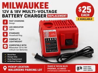 Milwaukee 12V & 18V Multi-Voltage Battery Charger Replacement – $25 Each