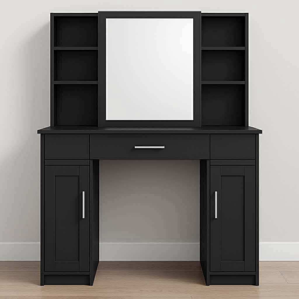 Modern Black Vanity Table with Mirror and Cabinets