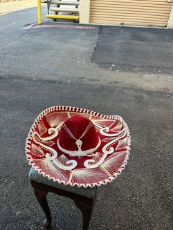 Red velvet Mexican charro sombrero, hand-embroidered with gold and white thread and beads. Brand Pigalle, Made in Mexico. Good condition