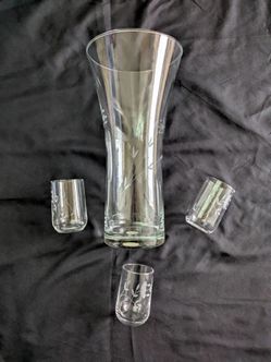 Vintage Princess House "Heritage" Etched Glass Vase & 3 Juice Glasses Set