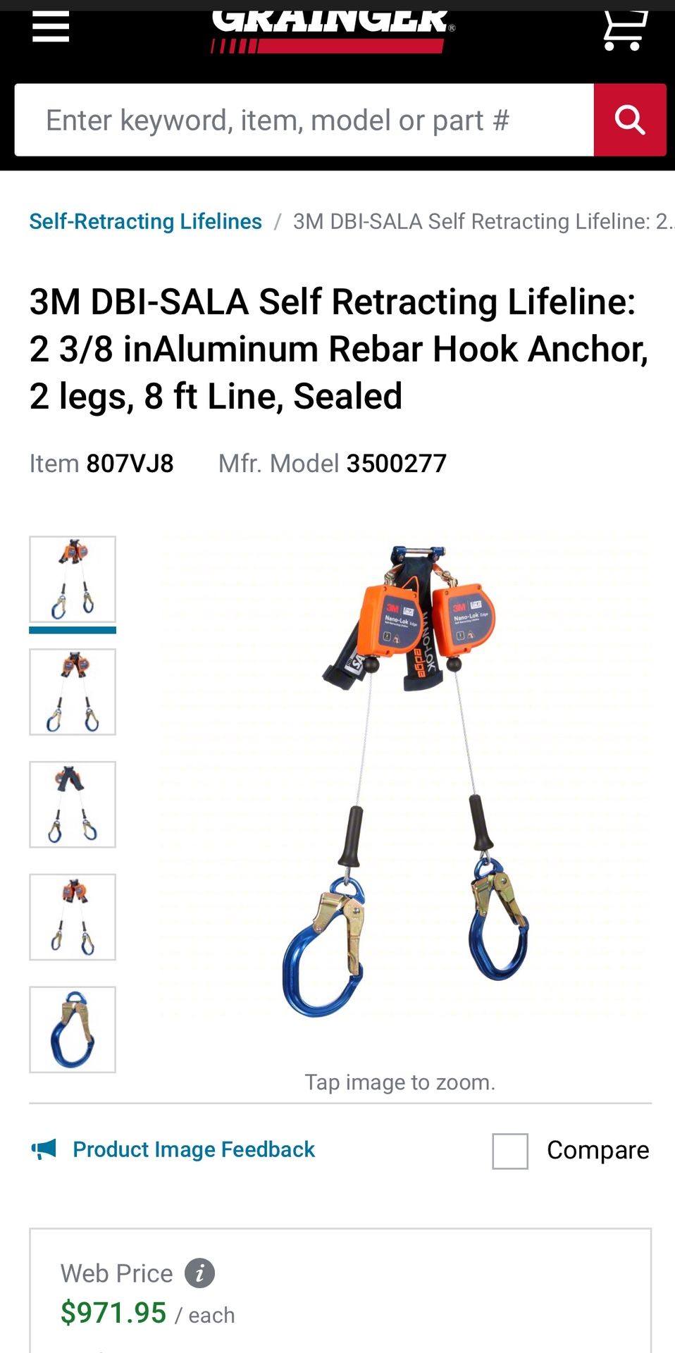 3M DBI-SALA Self Retracting Lifeline: 2… 3M DBI-SALA Self Retracting Lifeline: 2 3/8 inAluminum Rebar Hook Anchor, 2 legs, 8 ft Line, Sealed