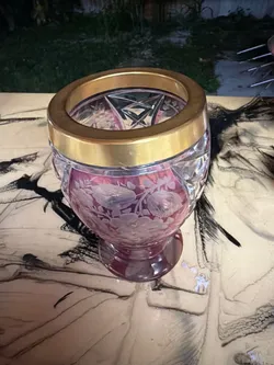 Vintage Pink Cut to Clear Crystal Vase - Etched Floral, Gold Rim