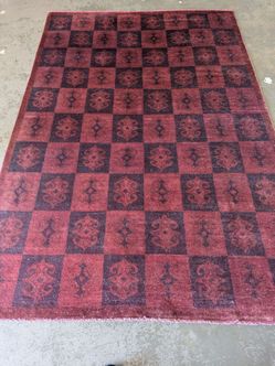 Hand Made Red and Burgundy Checkered Wool Rug