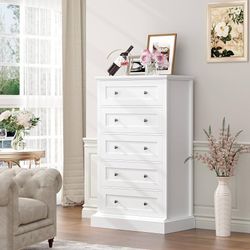 Assembled 5 Drawer Dresser, Tall White Dresser with 5 Drawers, Chest of Drawers Cabinet Wood Dresser for Hallway Living Room