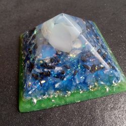 Blue green opalite orgonite resin pyramid with slenite fluorite black tourmaline new