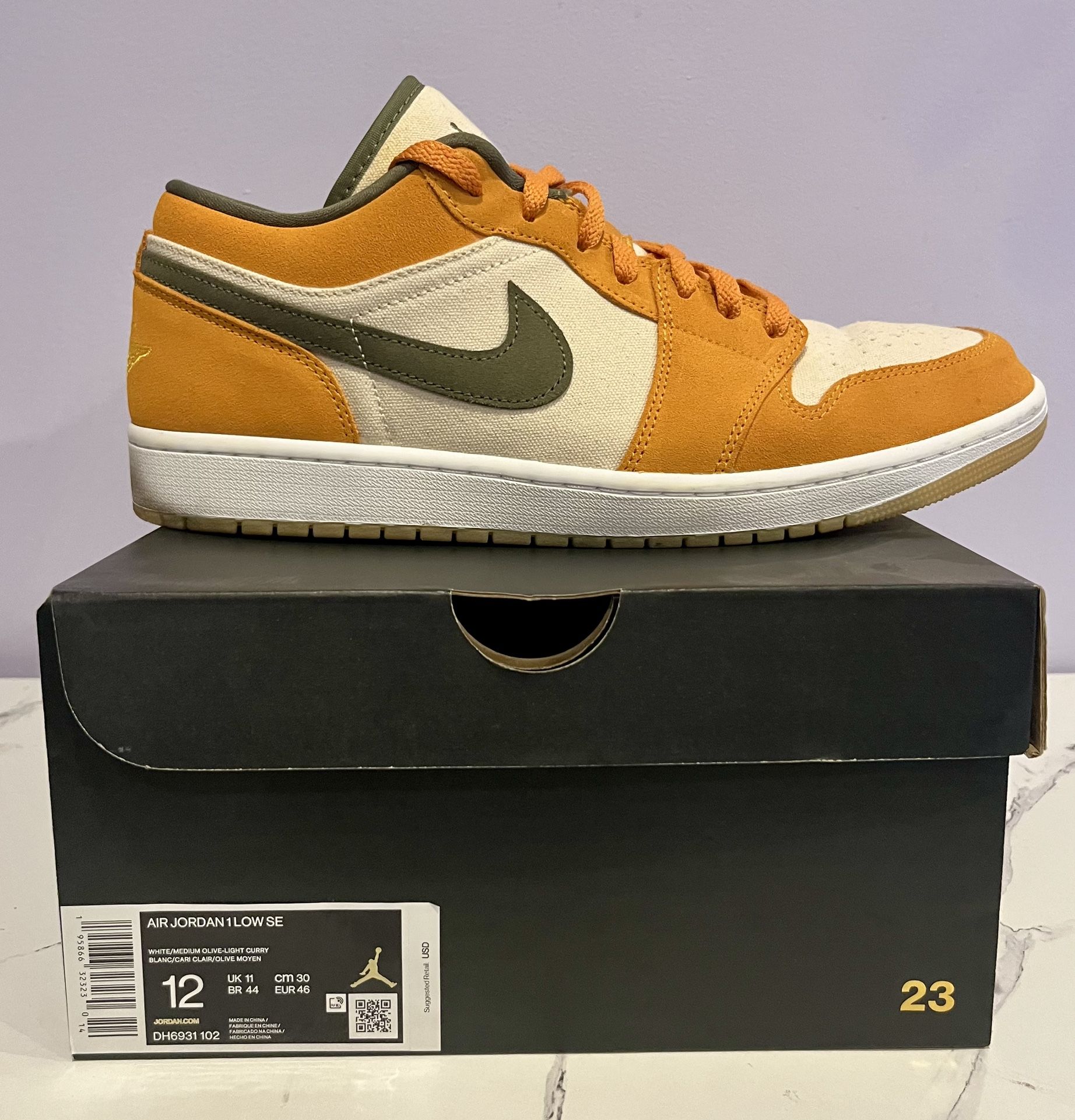 Nike Air Jordan 1 Low SE Light Curry Mens 12 DH6931-102 Olive Canvas Suede USED! 