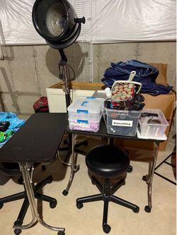Complete Professional Salon Setup – Wella Professional Hooded Dryer, Rolling Stool Tables & Supplies
