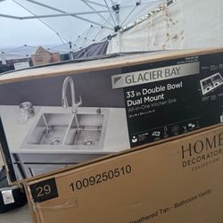 Glacier Bay Dolancourt Tight Radius 33 in. Drop-In 50/50 Double Bowl 18 Gauge Stainless Steel Kitchen Sink with Pull-Down Faucet