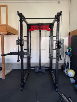 ROGUE FM-6 TWIN FUNCTIONAL TRAINER, matador, matador hanger, safety straps, band pegs, storage pins, cerakote pull up bar, stainless steel lat tower,