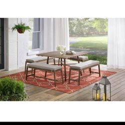 Hampton Bay Walnut Cove 5-Piece Steel Outdoor Patio Dining Set with CushionGuard Putty Tan Cushions.