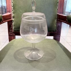 Vintage wheel-cut large covered compote featuring a floral design