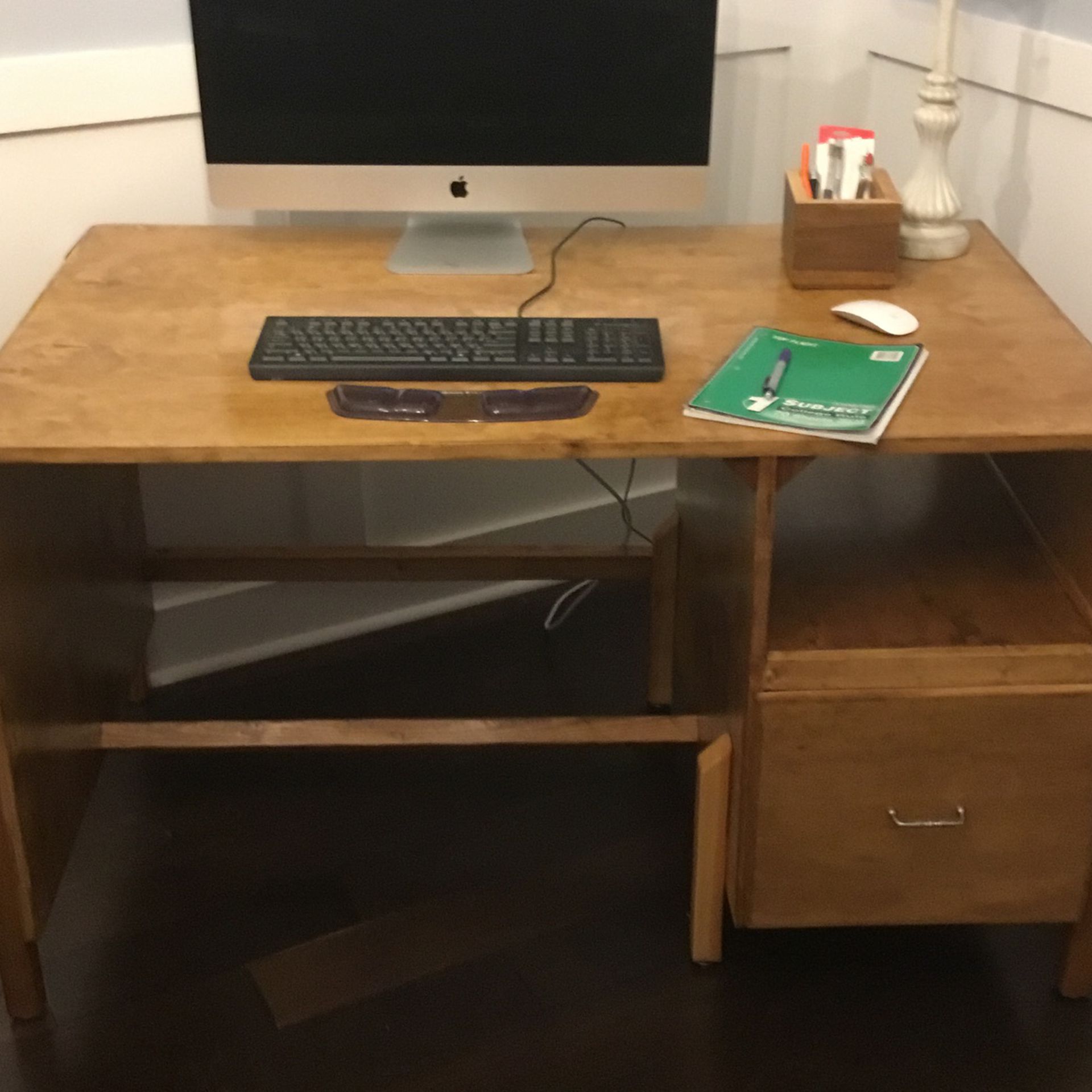 Wood Desk  30” High  52” Width 30” Deep  With Shelve And Extra  Long Drawer