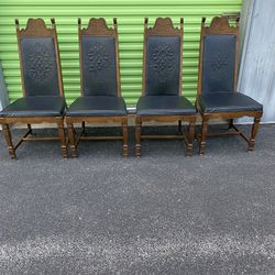 Set Of 4 Vintage Leather With Wooden Frame Dining Chairs